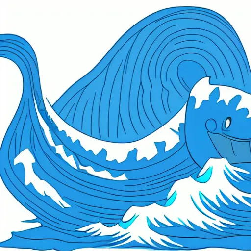 Image similar to a blue water wave in the silhouette shape of Godzilla, cartoon drawing