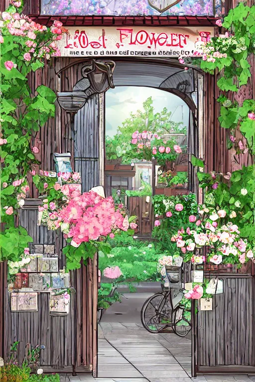 Image similar to a little flower shop's front gate, nostalgic, refreshing, digital illustration, pixiv