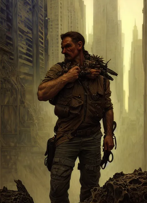 Prompt: a survivalist man, in postapocalypse city, diffuse lighting, fantasy, intricate, elegant, highly detailed, lifelike, photorealistic, digital painting, artstation, illustration, concept art, smooth, sharp focus, art by john collier and artem demura and albert aublet and krenz cushart and alphonse mucha