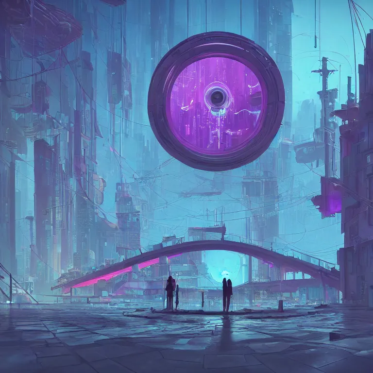 Prompt: a circle portal structure, cyberpunk, epic surrealism, indigo, purple, cyan, detailed digital matte painting in the style of simon stalenhag and painting by ralph mcquarrie