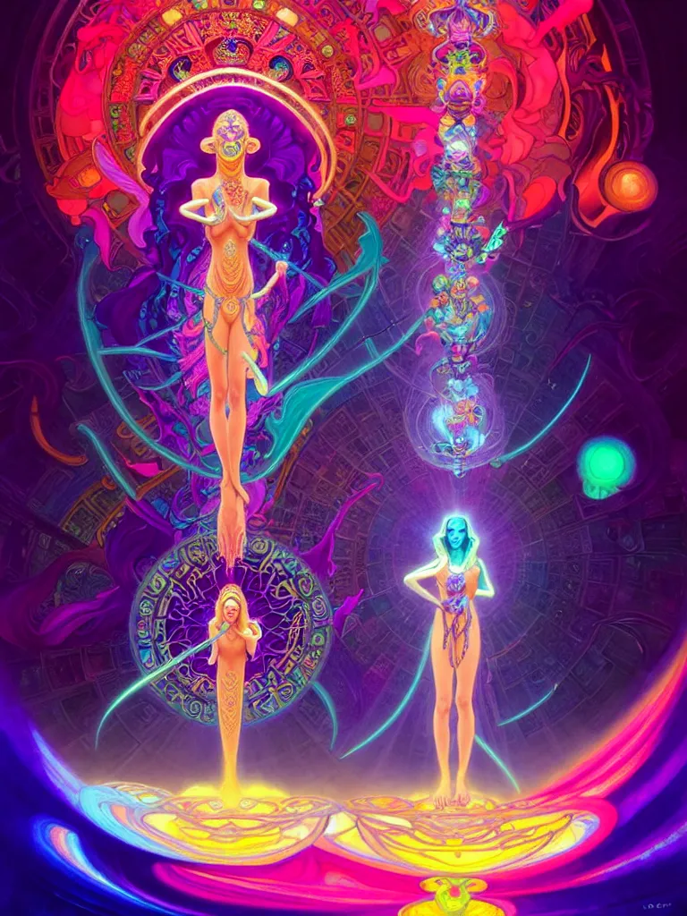 Image similar to epic scale cinematic full view chromaticity dmt goddess alex grey character concept of a beautiful colorful crystals powder liquids, glowing fluorescent velvet neon blacklight hues and saturation, sacred dmt color deity visionary fantasy art by greg rutkowski android jones artgerm alphonse max chroma mucha rule of thirds golden ratio sacred geometry ai generated art centered symmetrical threefold symmetry