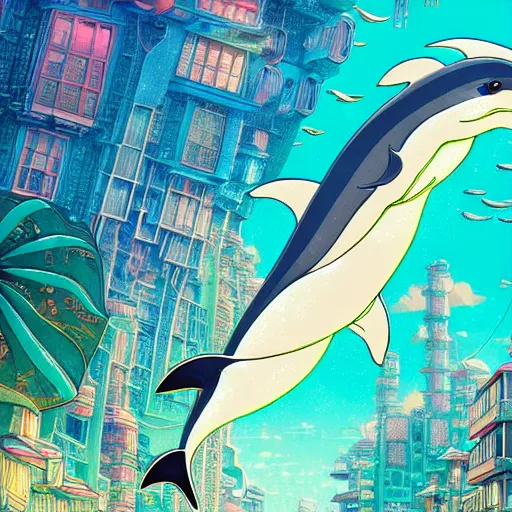 Image similar to a beautiful hyperdetailed character design 4 k wallpaper illustration of a cute dolphin, city by the sea, victo ngai cyberpunk style, from china, style of studio ghibli, makoto shinkai, raphael lacoste, louis comfort tiffany, artgerm, james jean, ross tran, chinese style