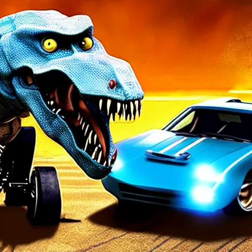 Image similar to the fast and the furious with robot dinosaurs