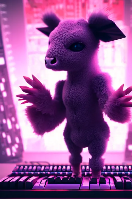 Image similar to high quality 3 d render very cute neuromancer fluffy! cyborg cow playing! keyboard!!, highly detailed, unreal engine cinematic smooth, in the style of blade runner & detective pikachu, hannah yata charlie immer, moody light, low angle, uhd 8 k, sharp focus