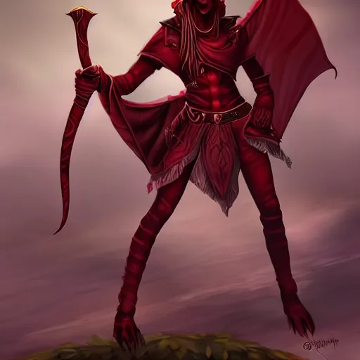 Image similar to red skinned Tiefling Bard, digital art, full body shot, WLOP