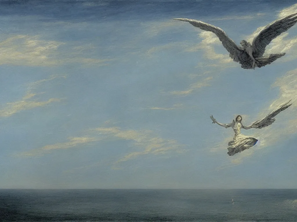 Prompt: seraphim angel in the sky flying on the sea painted by caspar david friedrich