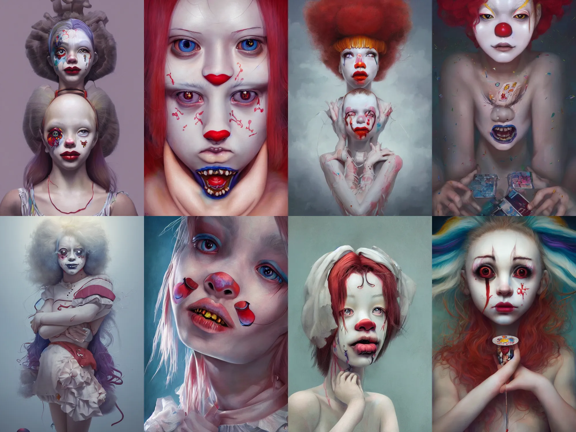 Image similar to breathtaking detailed painting of clown girl , with anxious, piercing eyes, Atari game cover art by Hsiao-Ron Cheng, James jean, Miho Hirano, Hayao Miyazaki, extremely moody lighting, hyperrealistic, octane render, RPG portrait, ambient light, dynamic lighting