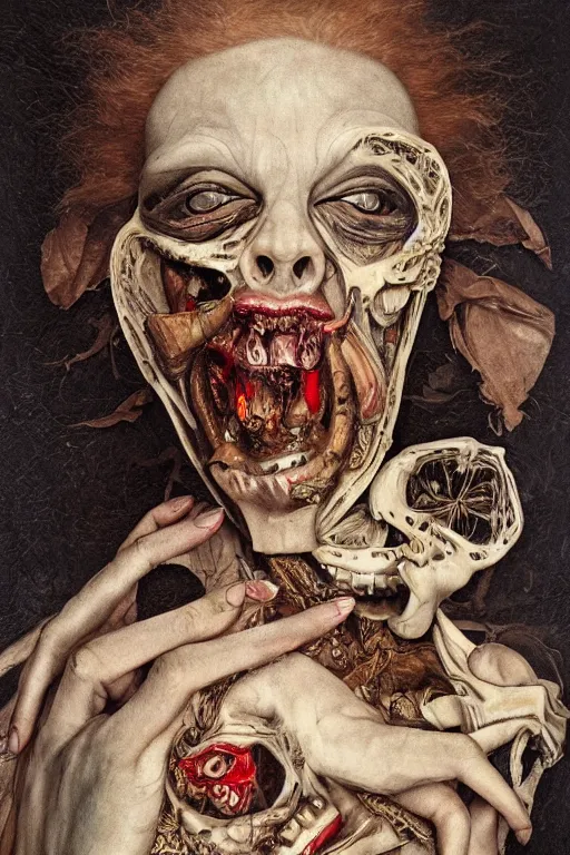 Prompt: Detailed maximalist portrait with large lips and with large wide eyes, angry expression, extra flesh and bones, HD mixed media, 3D collage, highly detailed and intricate surrealism, illustration in the style of Caravaggio, dark art, baroque