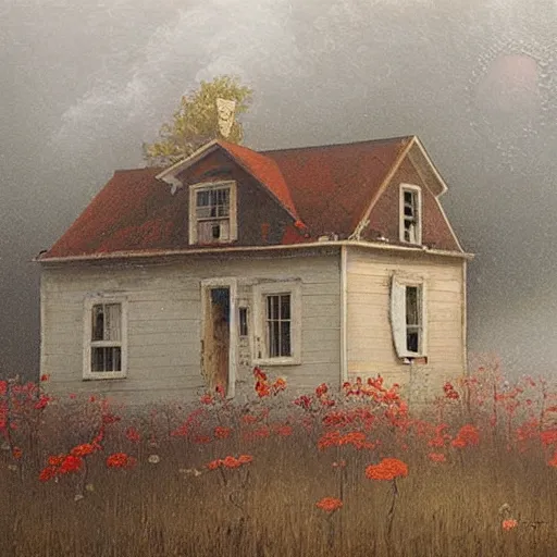 Prompt: A beautiful assemblage of an old, abandoned house. light orange, misty rose by Bob Byerley stormy