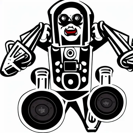 Image similar to svg vector sticker of absolutely insane-mad-robotic-hero-villain, rocking out, wearing headphones, huge speakers, dancing, rave, DJ, spinning records, digital art, amazing composition, rule-of-thirds, award-winning, trending on artstation, featured on deviantart
