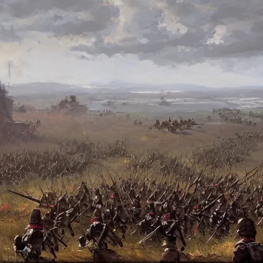 Prompt: two armies prepare for battle in the style of Jakub Rozalski