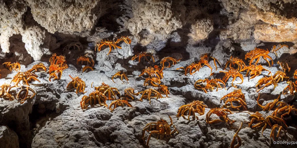 Image similar to crabs during a feeding frenzy inside of a cave, speleothems, limestone, rock strata, torches, rituals, carrion, extremely detailed, photorealistic, 4 k, 8 k