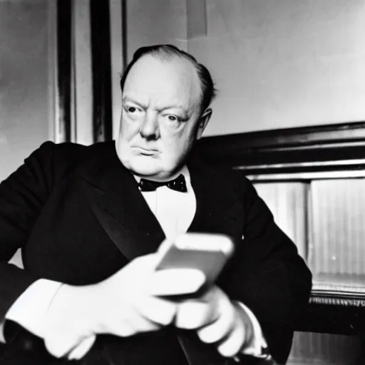 Prompt: A black and white photograph, circa 1940s, of Winston Churchill using a smartphone