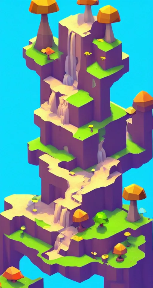 Image similar to a cute little matte low poly isometric mushroom island, waterfalls, lat lighting, soft shadows, trending on artstation, 3d render, monument valley, fez video game,