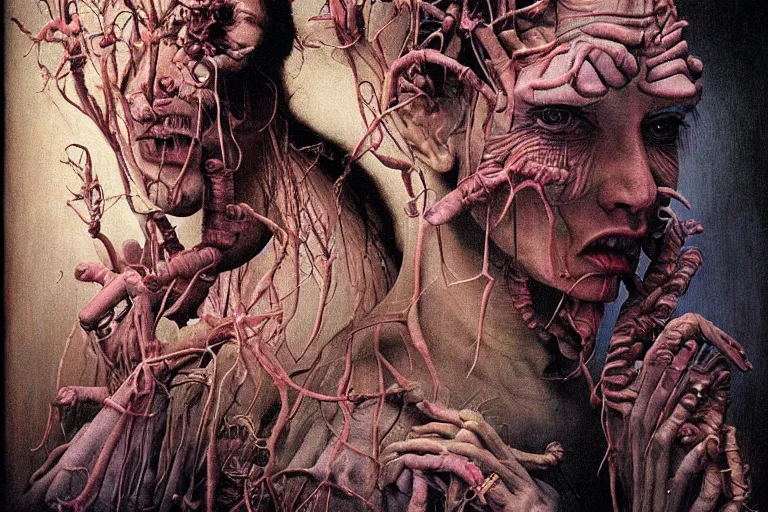 Image similar to 35mm color, mental health, humans enslaved, artificial intelligence, portrait, fashion shoot, freak show, weird, random, strange, hyperdetailed, photorealistic, interesting, by David la chapelle and karol bak and david cronenberg and WETA digital, art by Zdzisław Beksiński, Ivan Bilibin, Dariusz Zawadzki , ID magazine, octane rendering, cinematic, hyperrealism, octane rendering, 8k, depth of field, bokeh.