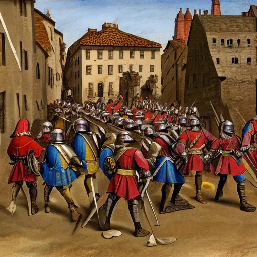 Prompt: line of renaissance soldiers in brightly colored uniforms with halberds as musketeers fire behind them, they are in a tight street surrounded by medieval stone buildings, dying earth, illustration, rpg