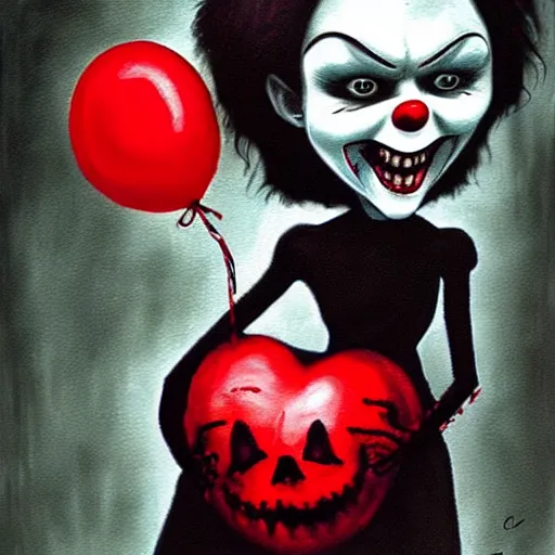 Image similar to grunge painting of insidious with a wide smile and a red balloon by chris leib, loony toons style, pennywise style, corpse bride style, horror theme, detailed, elegant, intricate