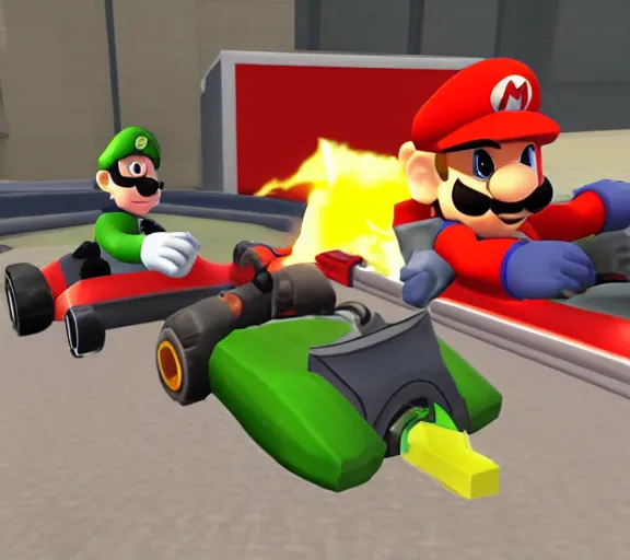 Prompt: team fortress 2 in mario kart 6 4