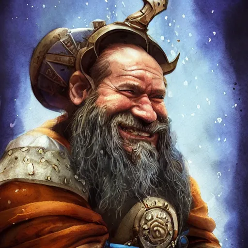 Image similar to dwarf shaman man, in love, happy, wearing blue and brown medieval robe, WLOP, artgerm, Jason Chan, Charlie Bowater, Sergey Kolesov, medieval, fantasy d&d, watercolor on paper, hyper detail portrait, closeup on face, dark pastel castle background