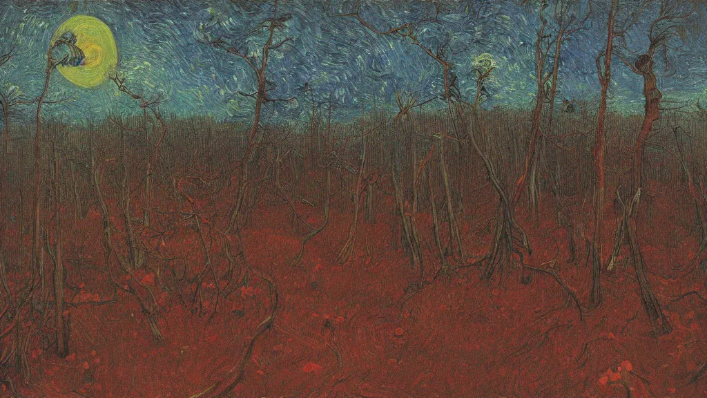 Prompt: Forest at night Landscape oil painting by Zdzisław Beksiński and Van Gogh