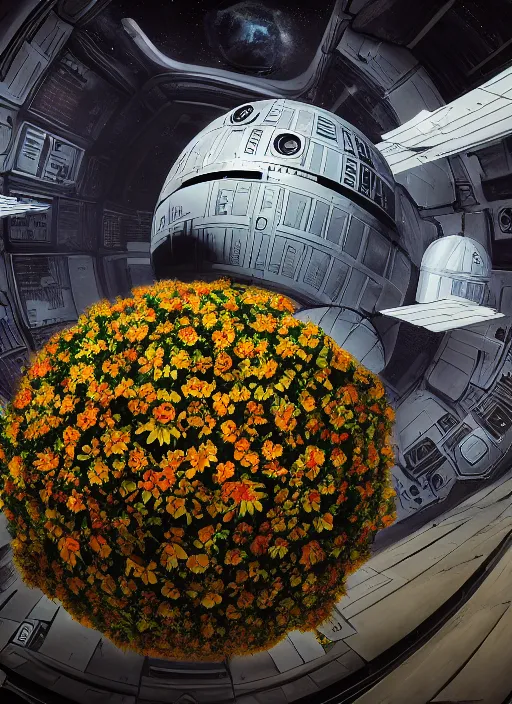 Image similar to An epic fantastic realism comic book style painting of the Death Star made of the most beautiful flowers, fisheye lens, unreal 5, DAZ, hyperrealistic, octane render, dynamic lighting