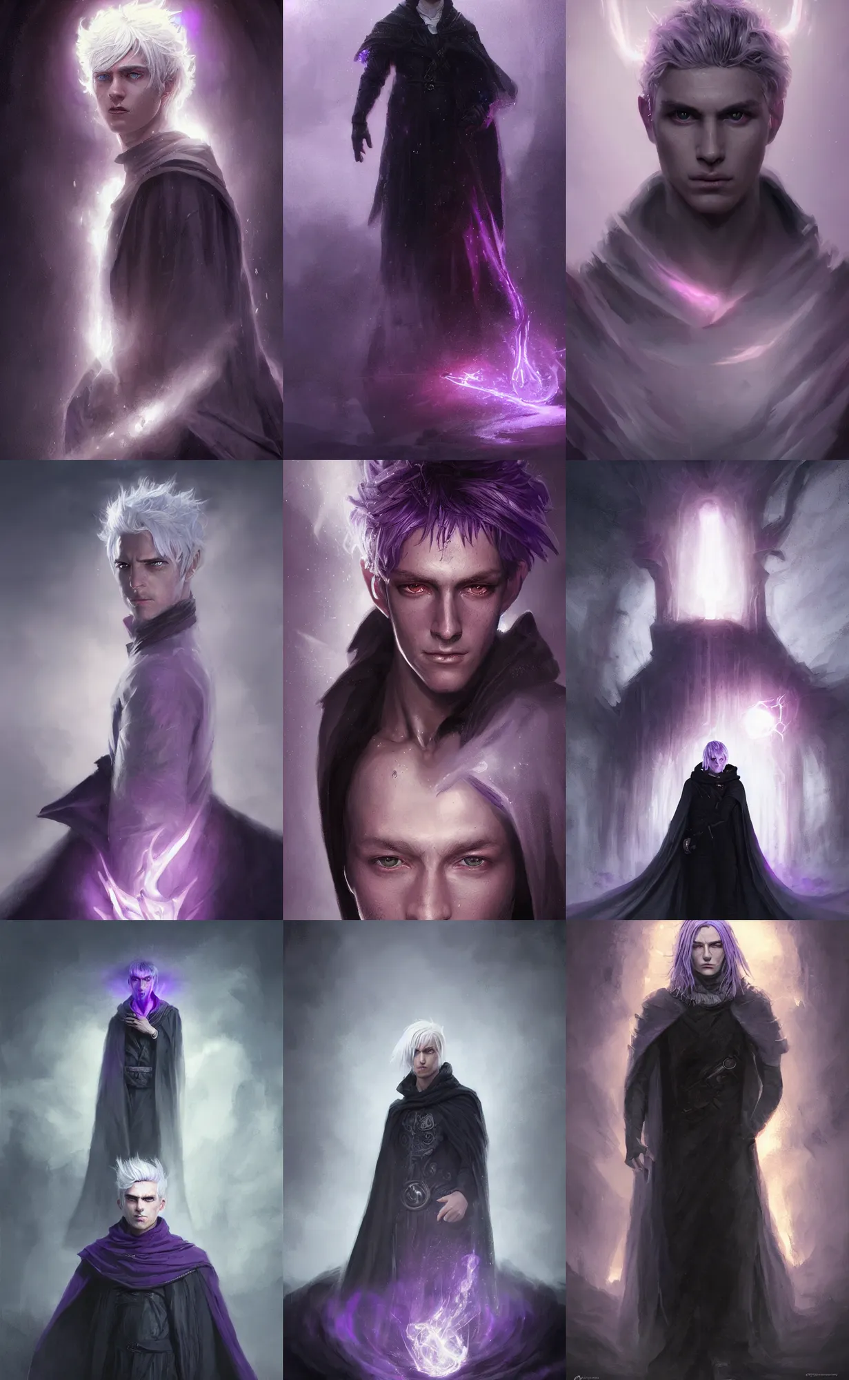 Prompt: portrait of a young man with silver hair, wearing a black cloak, glowing purple eyes, purple eyes, fantasy, highly detailed, cinematic lighting, digital art painting by greg rutkowski