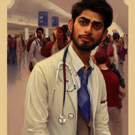 Image similar to Anxious good looking pale young Indian doctors wearing American clothes at the airport, portrait, elegant, intricate, digital painting, artstation, concept art, smooth, sharp focus, illustration, art by artgerm and greg rutkowski and alphonse mucha