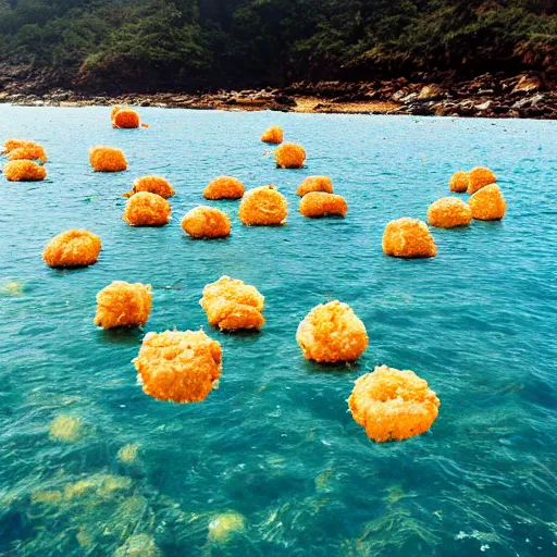 Image similar to photo of large chicken nuggets floating in the ocean