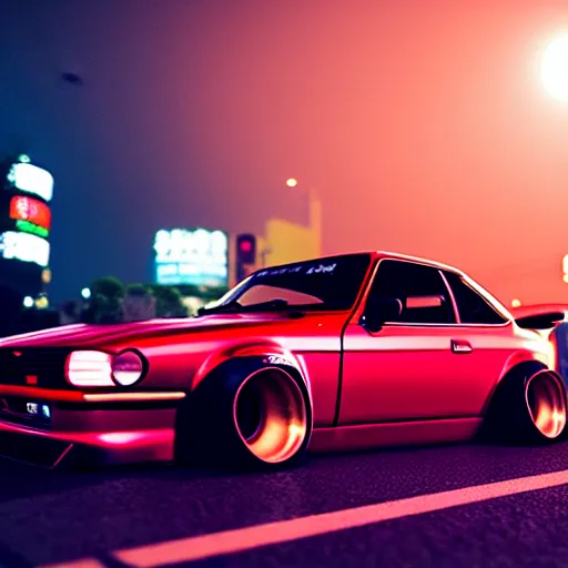 Image similar to a car S30 turbo drift at illegal car meet, shibuya prefecture, sunset night mist lights, cinematic color, photorealistic, highly detailed wheels, highly detailed