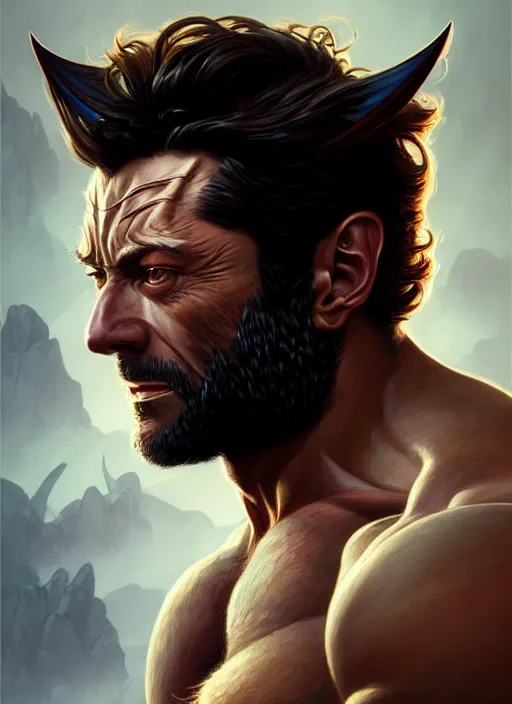 Image similar to Portrait of Wolverine, D&D, muscular, fantasy, intricate, elegant, highly detailed, digital painting, artstation, concept art, smooth, sharp focus, illustration, art by artgerm and greg rutkowski and alphonse mucha