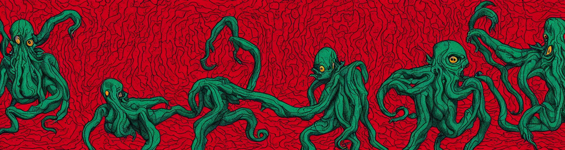 Prompt: shape-shifting Cthulhu lost inside the red room from Twin Peaks while David Lynch laughs in the background, fractal tile, Bob, mike judge art style, 90s mtv illustration