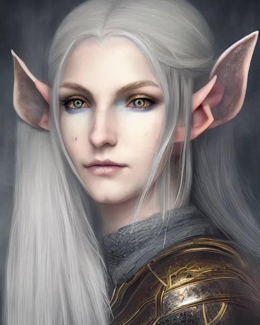 Image similar to portrait of a beautiful female elf with shimmering hair, symmetrical face and eyes, cgsociety, Elden Ring, Dark Souls, Bloodborne