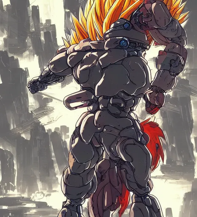 Image similar to a character portrait of a cyborg super saiyan in the style of moebius in the style of yoji shinkawa trending on artstation deviantart pinterest detailed realistic hd 8 k high resolution