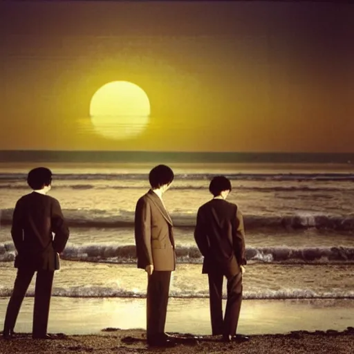 Prompt: three japanese men wearing beige suits and black pants standing in the ocean, sunset, night, wide shot, ((yellow magic orchestra)), ((tatsuro yamashita)), album cover, 1981, grammy award winning