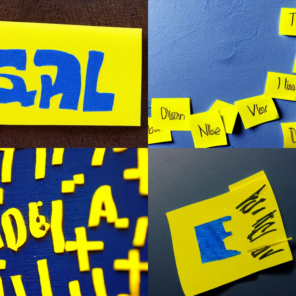 Prompt: yellow sticky note with alien text written in blue pen, close up photography, high detail film photo
