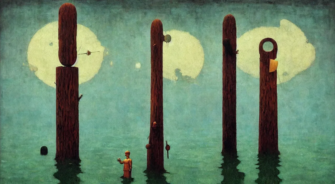 Image similar to single flooded simple!! wooden totem!! pole, very coherent and colorful high contrast masterpiece by norman rockwell franz sedlacek hieronymus bosch dean ellis simon stalenhag rene magritte gediminas pranckevicius, dark shadows, sunny day, hard lighting