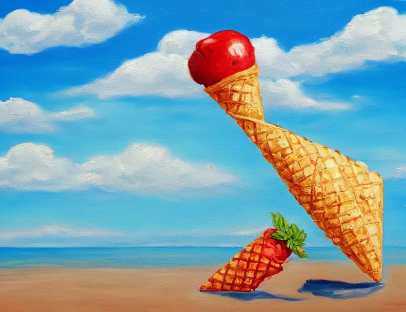 Prompt: a realistic painting of a lazy tomato on a sunny beach eating ice cream white clouds in a cone