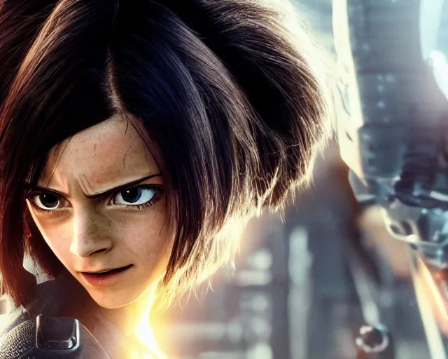 Image similar to a film still from battle angel alita played by actress emma watson, futuristic, cinematic lighting, photorealistic, lifelike, highly detailed, photorealistic, hyperrealistic, high resolution, 4 k