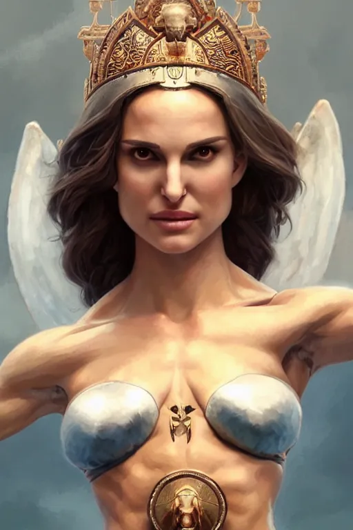 Image similar to Natalie Portman as a goddess, accurate anatomy, IFBB fitness body, only two hands, highly detailed, digital painting, artstation, concept art, smooth, sharp focus, illustration, Unreal Engine 5, 8K, art by art by artgerm and greg rutkowski and edgar maxence