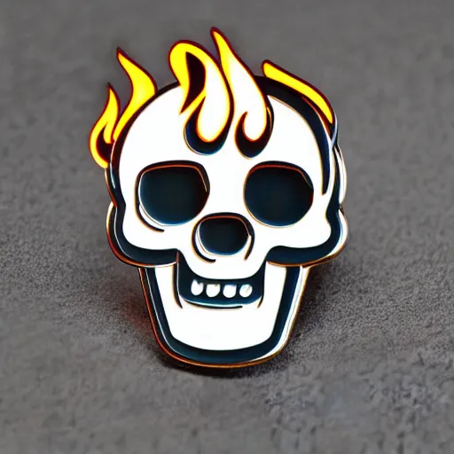Image similar to a retro vintage minimalistic smiling skull with fire flame enamel pin, hd, concept art