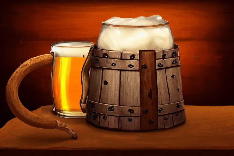 Prompt: closeup of a wooden tankard of ale in a medieval cozy tavern, digital painting, artstation, concept art, smooth, sharp focus, illustration