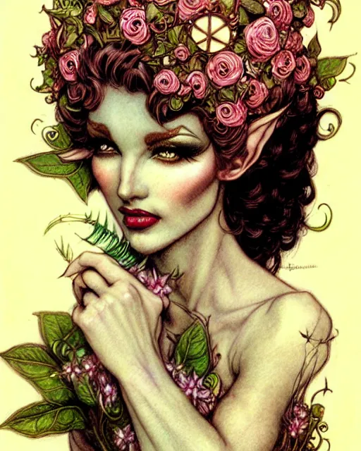 Image similar to burlesque elf, flowers in hair, fantasy character portrait, ultra realistic, concept art, intricate details, art nouveau, cinematic, highly detailed by boris vallejo, chris achilleos, arthur rackham