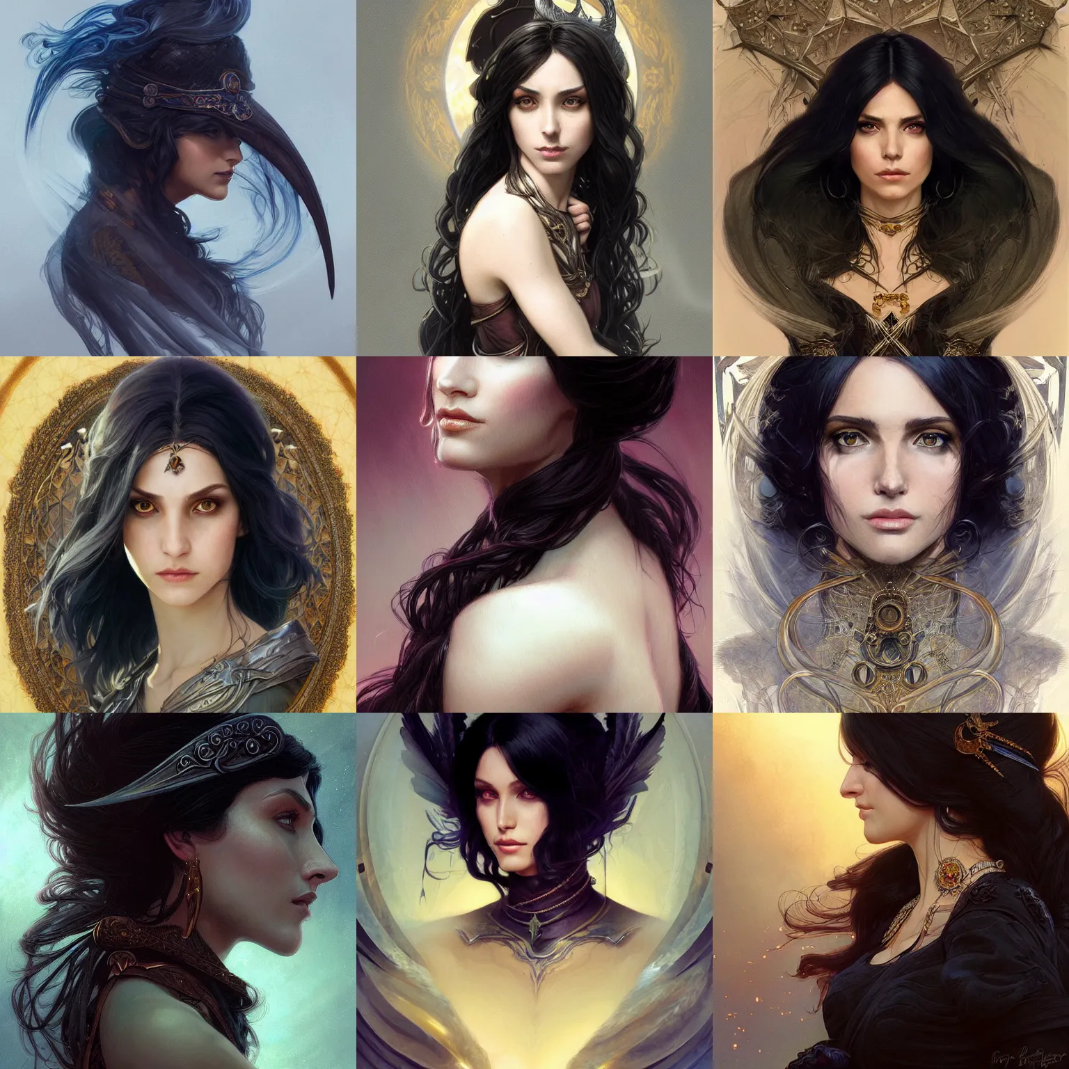 Image similar to portrait of a raven-haired female sorceress, elegant, intricate, headshot, D&D, fantasy, highly detailed, digital painting, artstation, concept art, sharp focus, illustration, art by artgerm and greg rutkowski and alphonse mucha