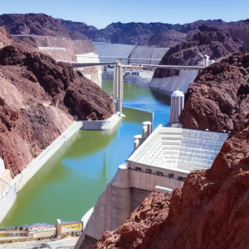 Prompt: looking down at the Hoover Dam and Lake Mead and the Colorado River, the Dam is covered with scaffolding and informal settlements hanging along the sides, windows illuminated, in style of Norman Foster, cinematic lighting, light rays, ultra realistic, photorealistic, volumetric lighting, photography