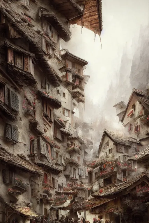 Prompt: breathtaking detailed soft painting of a dark village in the dolomites, crowded by alpine tyrolean farmer monsters, by guillermo lorca, with white milk splash in bleeding meat and flesh, dynamic movement, rembrandt style, elegant, highly detailed, artstation, concept art, matte, sharp focus, art peter mohrbacher, luis royo and greg rutkowski