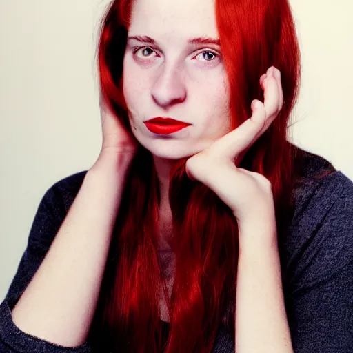 Image similar to face portrait, white woman, 22 years old, thin, center parting straight red hair, snub nose, small lips, studio photography by Annie Leibovitz, f/8