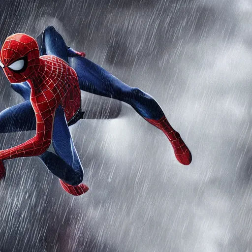 Image similar to Peter Parker as Spiderman , wet face , heavy rain ,dramatic, intricate, highly detailed, concept art, smooth, sharp focus, illustration, Unreal Engine 5, 8K