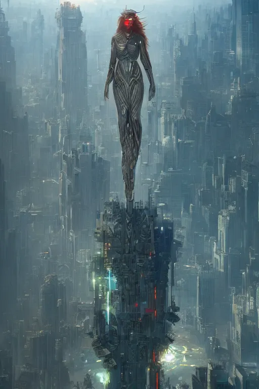 Image similar to goddess of artificial intelligence floating above a city, sharp focus, by rozalski, by greg rutkowski, cinematic, cinematic shot, megalophobia, award winning, trending on artstation, intricate, detailed