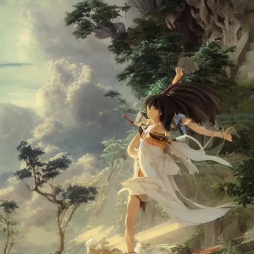 Image similar to dream painting by studio ghibli and henryk siemiradzki, epic multifigures composition