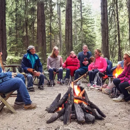 Prompt: tourists around campfire